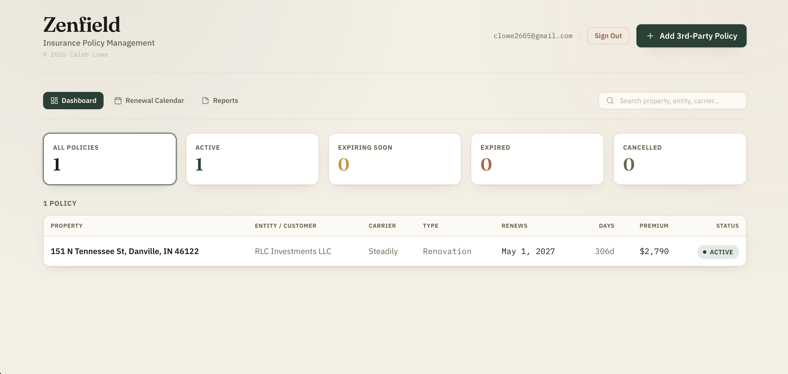 Zenfield Insurance Dashboard screenshot